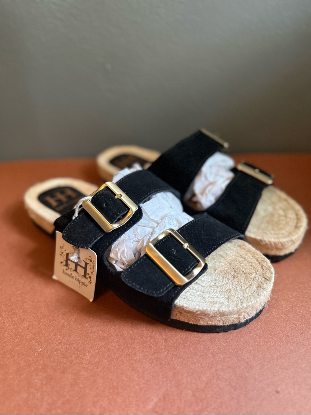 Haute Hippie Black Suede Double-Buckle Slide Sandals with Gold Buckles